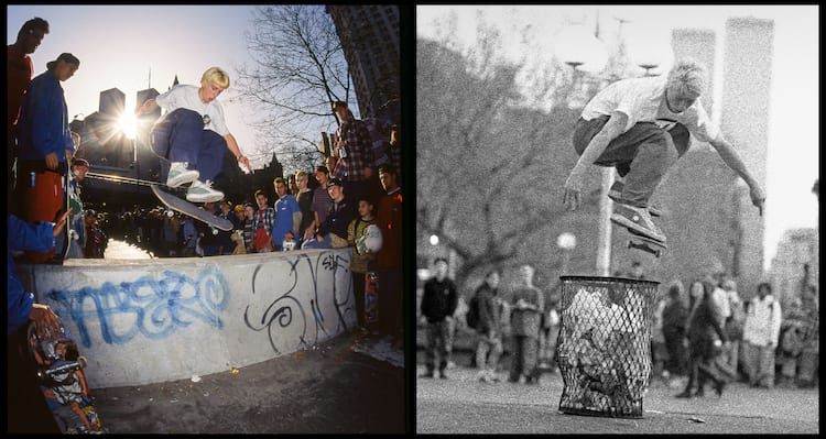 Varial flip at the Brooklyn Banks for every skater on the East Coast Photo Wallacavage Twin Towers. Keith hops a trash can in NYC Photo Yelland