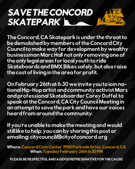<span class='eventDate'>February 26, 2019</span><style>.eventDate {font-size:14px;color:rgb(150,150,150);font-weight:bold;}</style><br />Save the Concord Skatepark