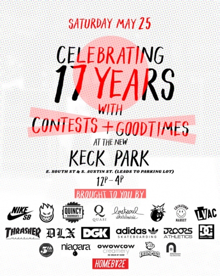 <span class='eventDate'>May 25, 2019</span><style>.eventDate {font-size:14px;color:rgb(150,150,150);font-weight:bold;}</style><br />Homebase&#039;s 17 Year Anniversary Skate Jam