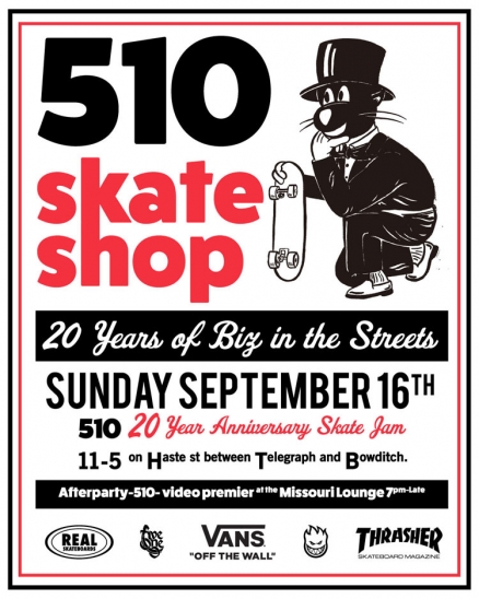 <span class='eventDate'>September 16, 2018</span><style>.eventDate {font-size:14px;color:rgb(150,150,150);font-weight:bold;}</style><br />510 20 Year Anniversary Skate Jam